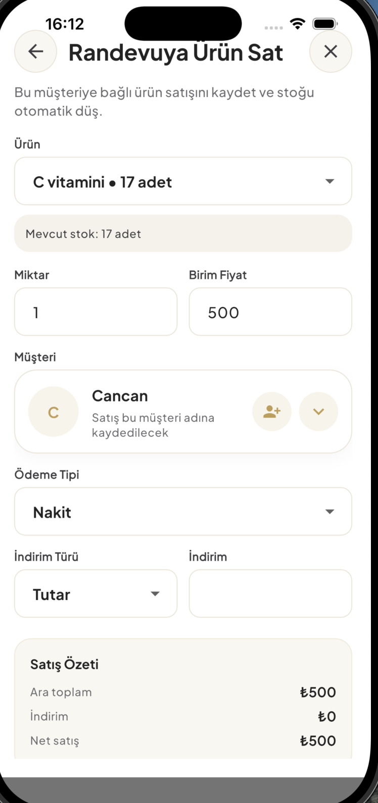 1Randevu randevu üzerinden ürün satışı alt sayfası