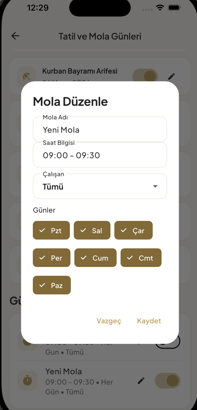 1Randevu mola düzenleme modalı