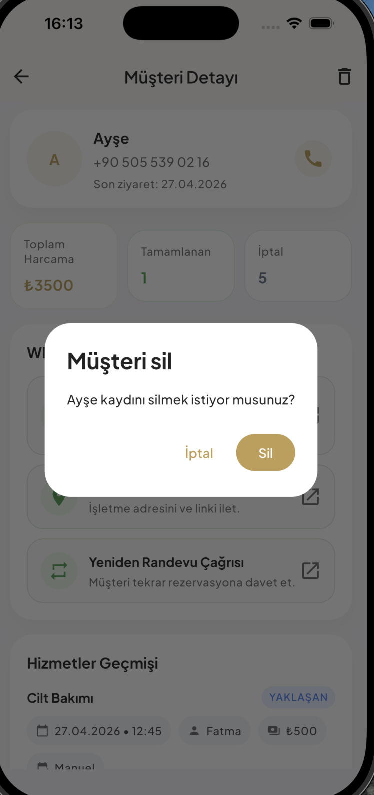 1Randevu müşteri silme onayı ekranı