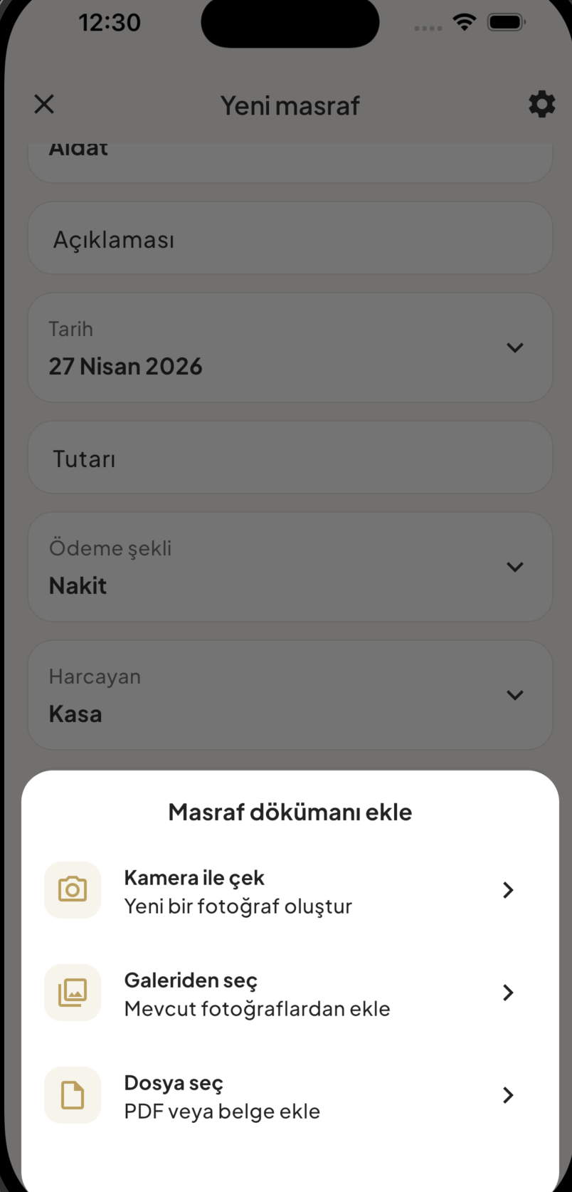 1Randevu masraf doküman ekleme seçici ekranı