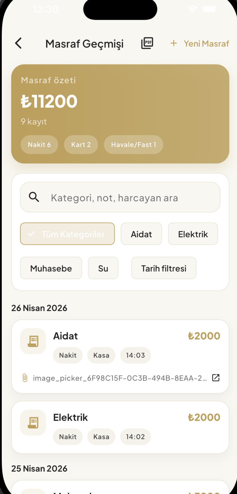 1Randevu masraf geçmişi ekranı