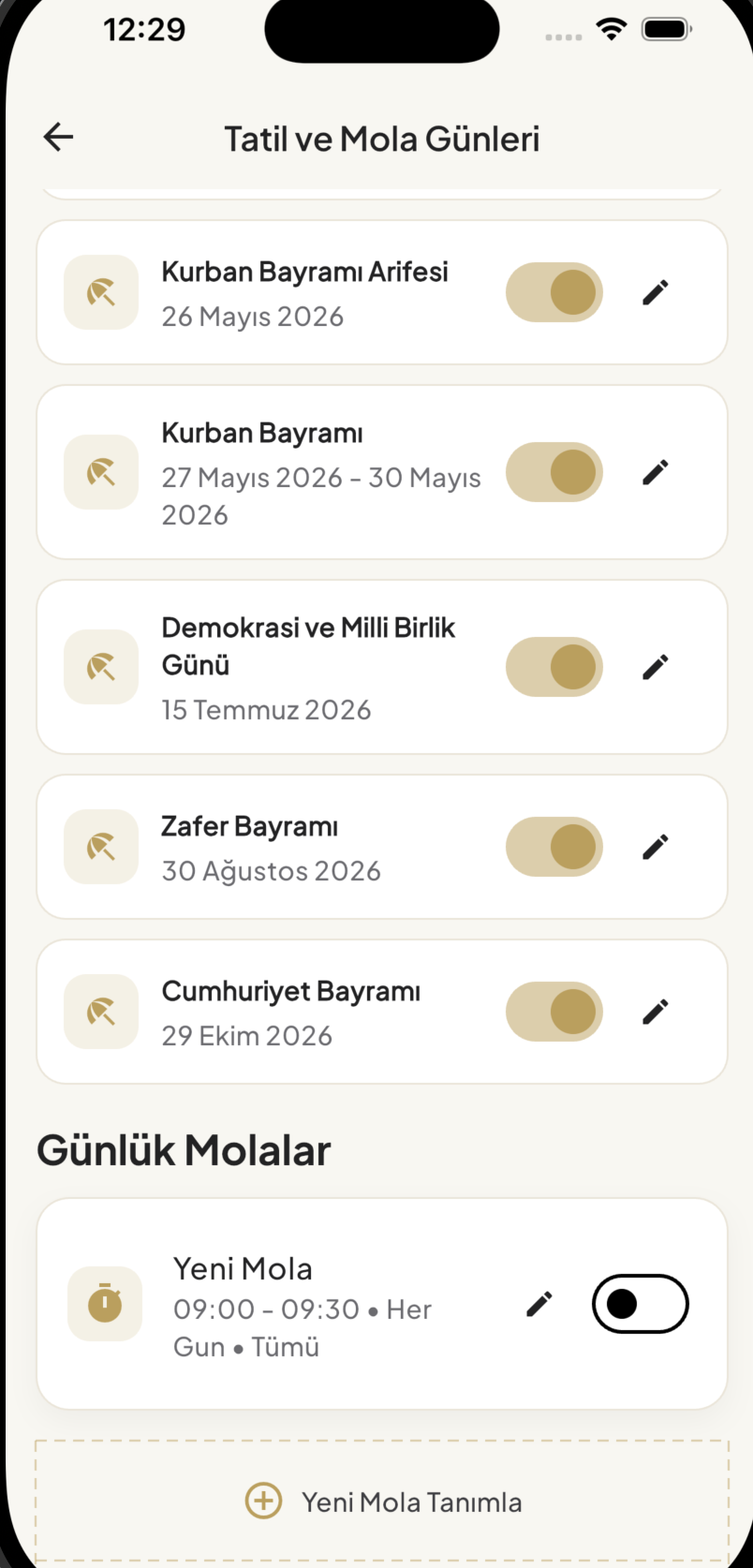 1Randevu tatil listesi ve günlük molalar ekranı