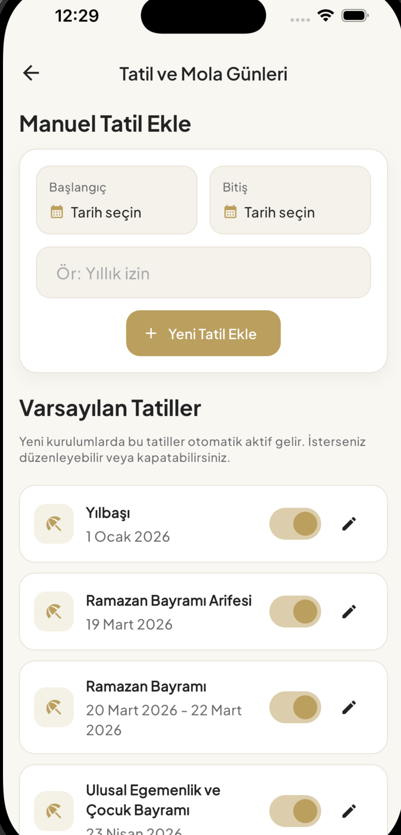 1Randevu manuel tatil ekleme ekranı