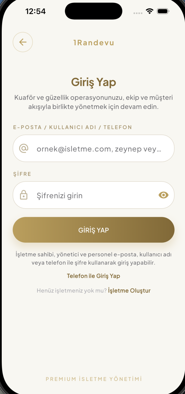1Randevu mail ve şifre giriş ekranı