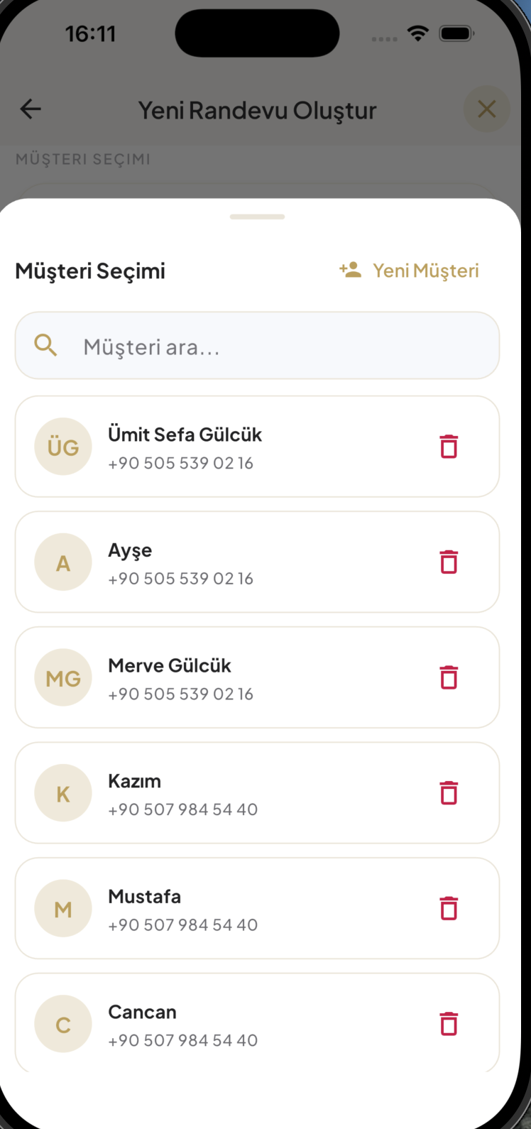1Randevu manuel randevu müşteri seçimi ekranı