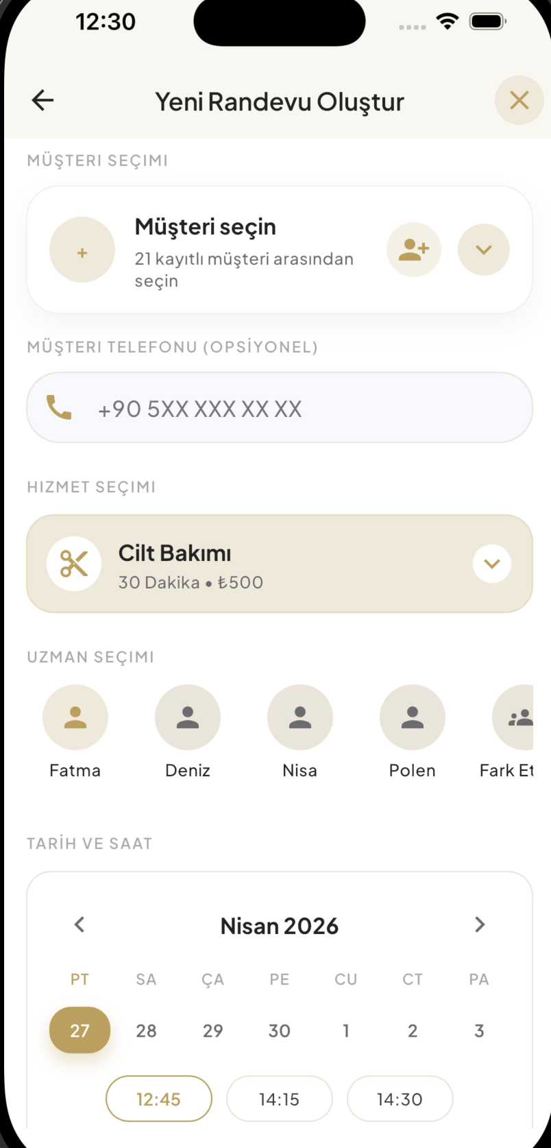 1Randevu yeni randevu oluşturma ekranı