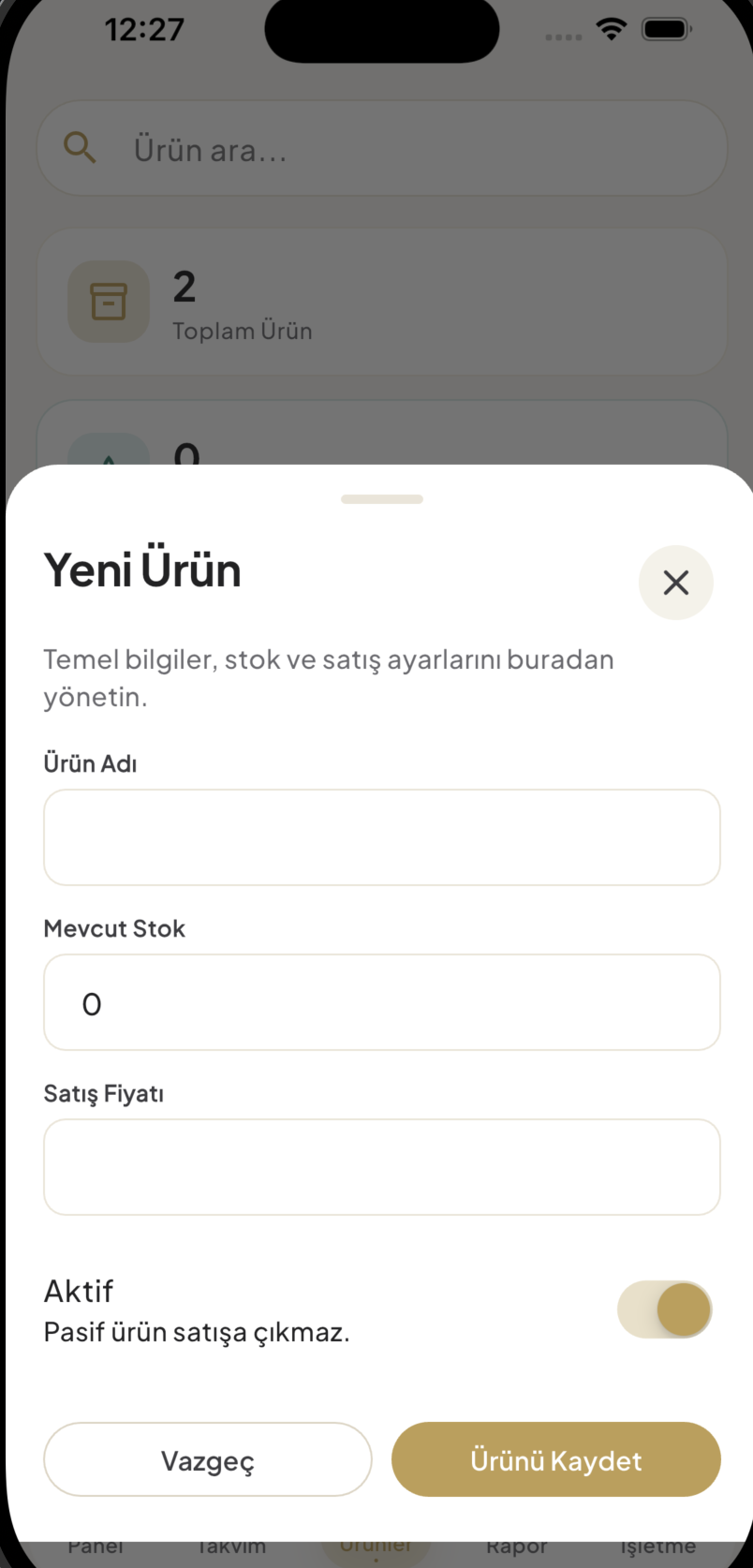 1Randevu yeni ürün ekleme modalı