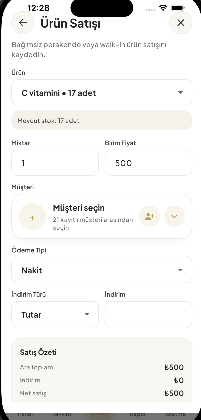 1Randevu ürün satışı form ekranı
