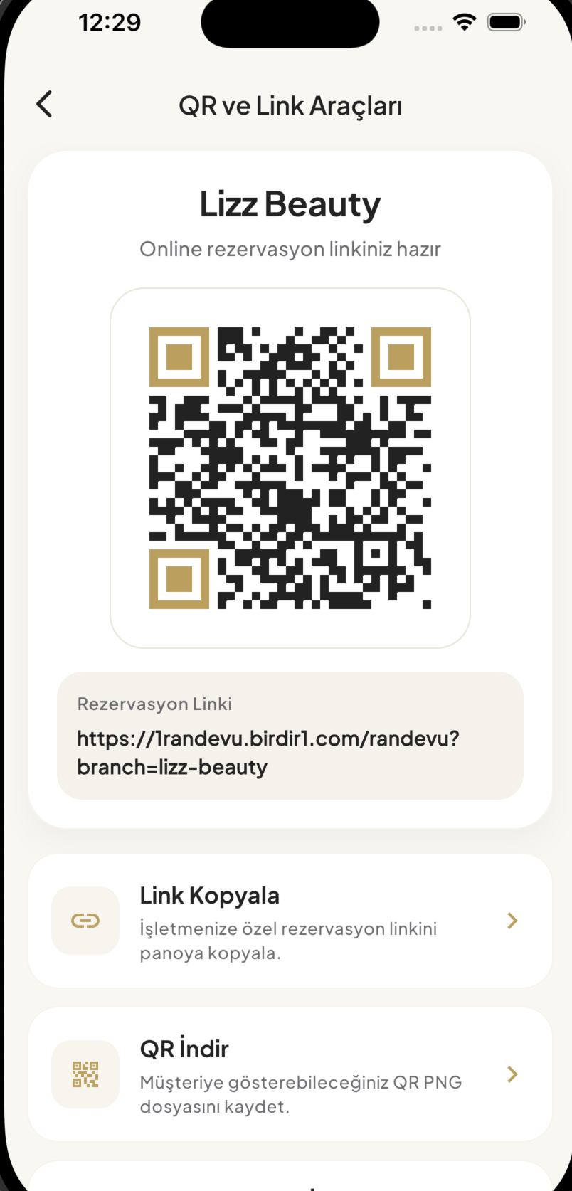 1Randevu QR ve link araçları ekranı