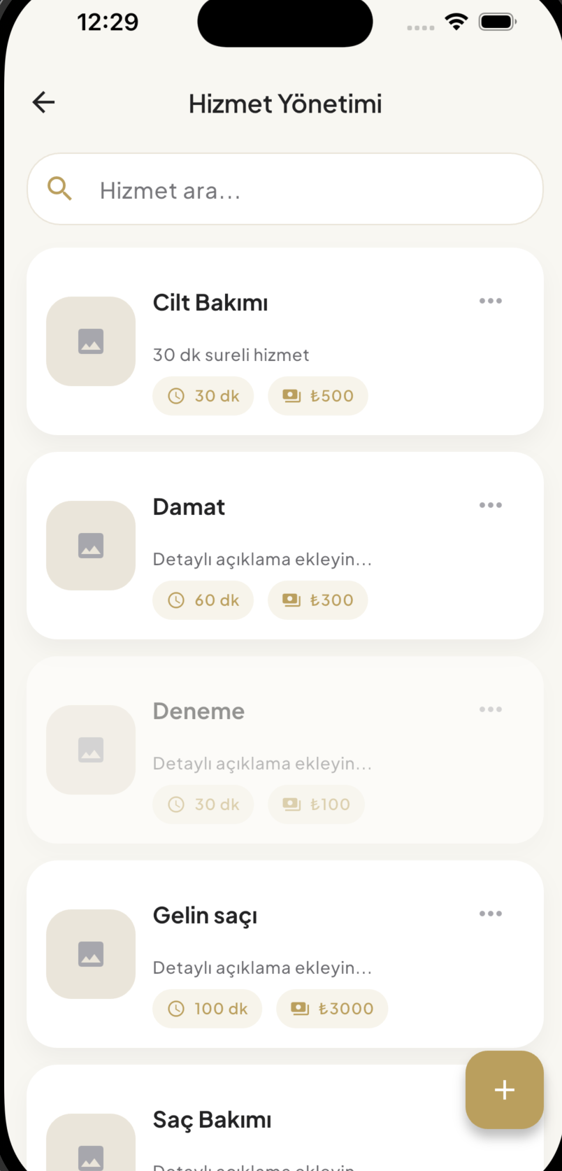 1Randevu hizmet yönetimi ekranı