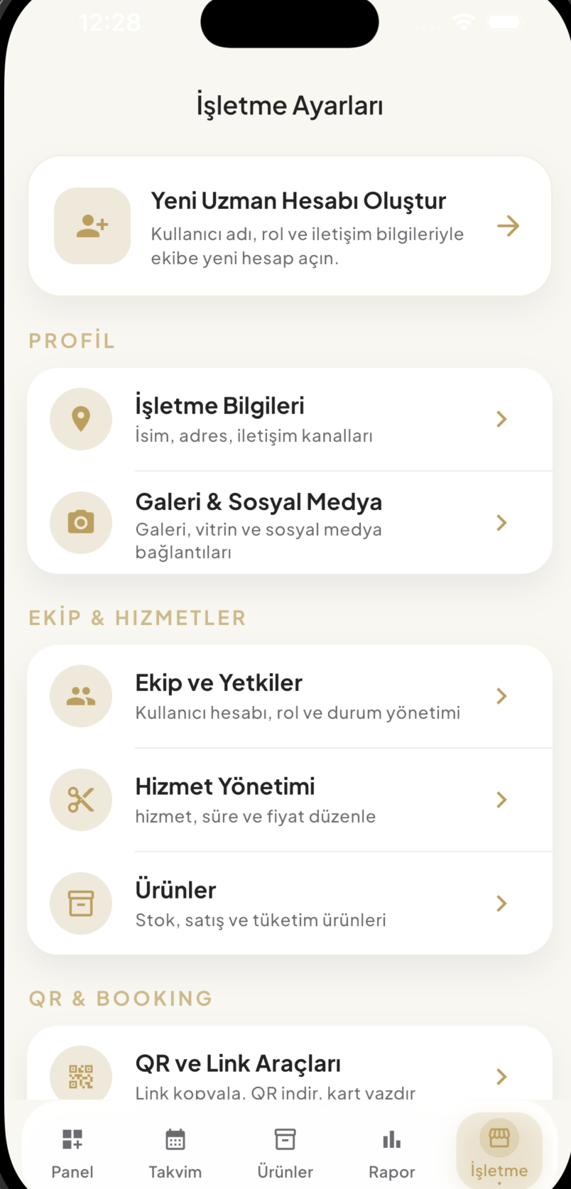 1Randevu işletme ayarları ana menü