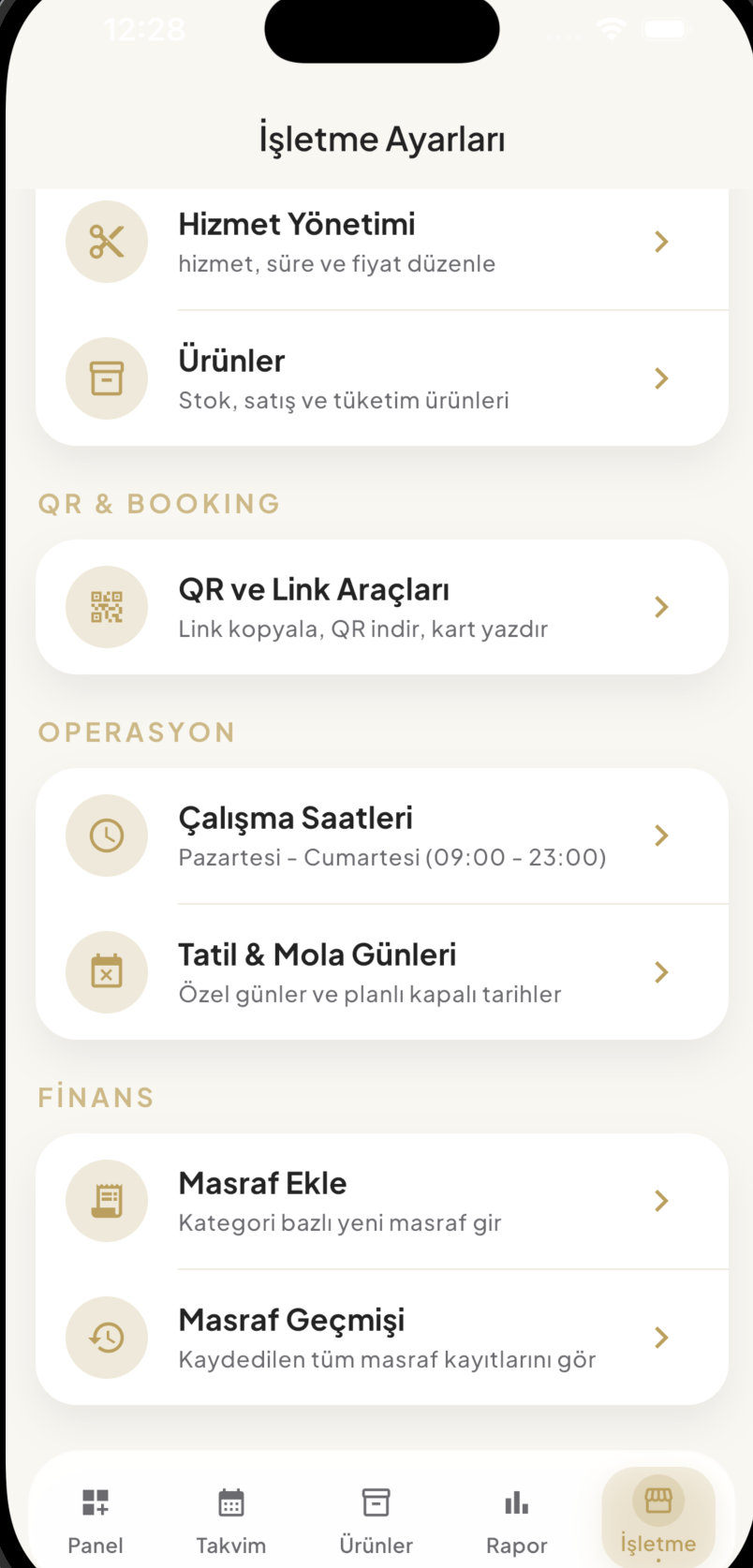 1Randevu operasyon ayarları menüsü