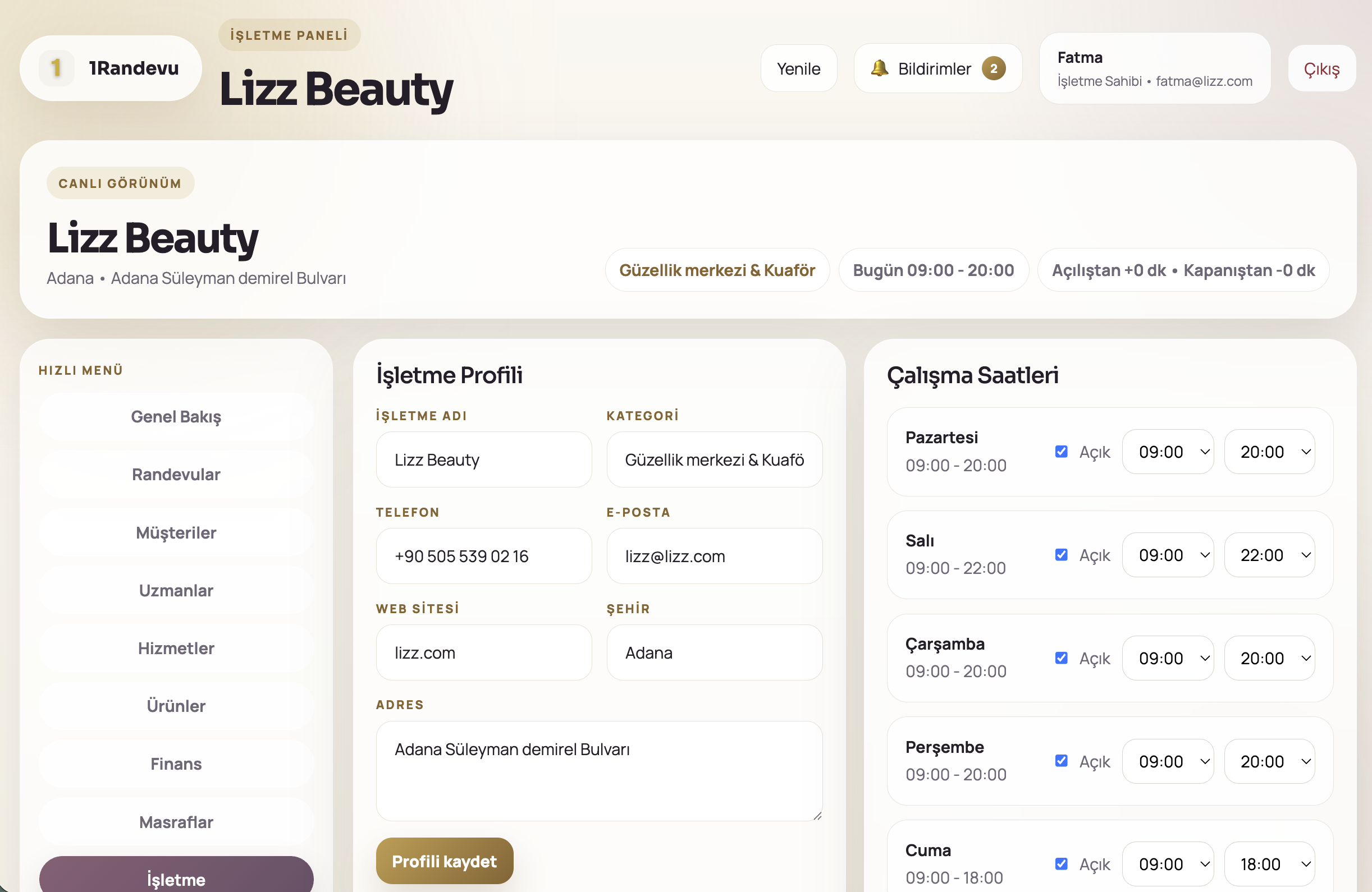1Randevu web panel işletme profil ve çalışma saatleri ekranı