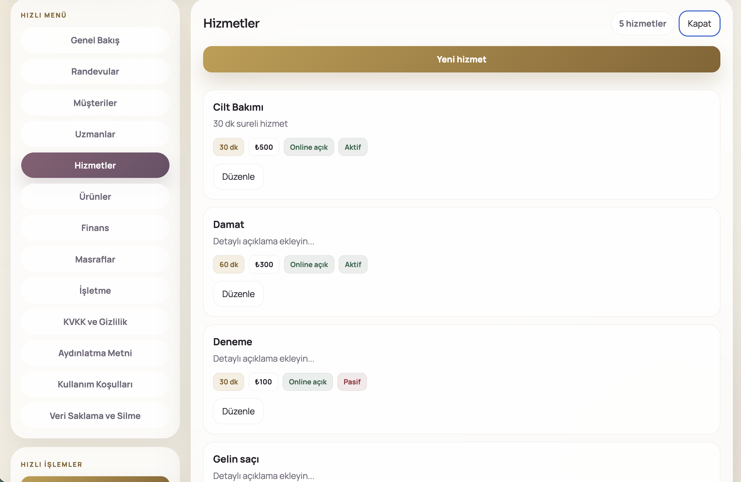 1Randevu web panel hizmetler ekranı