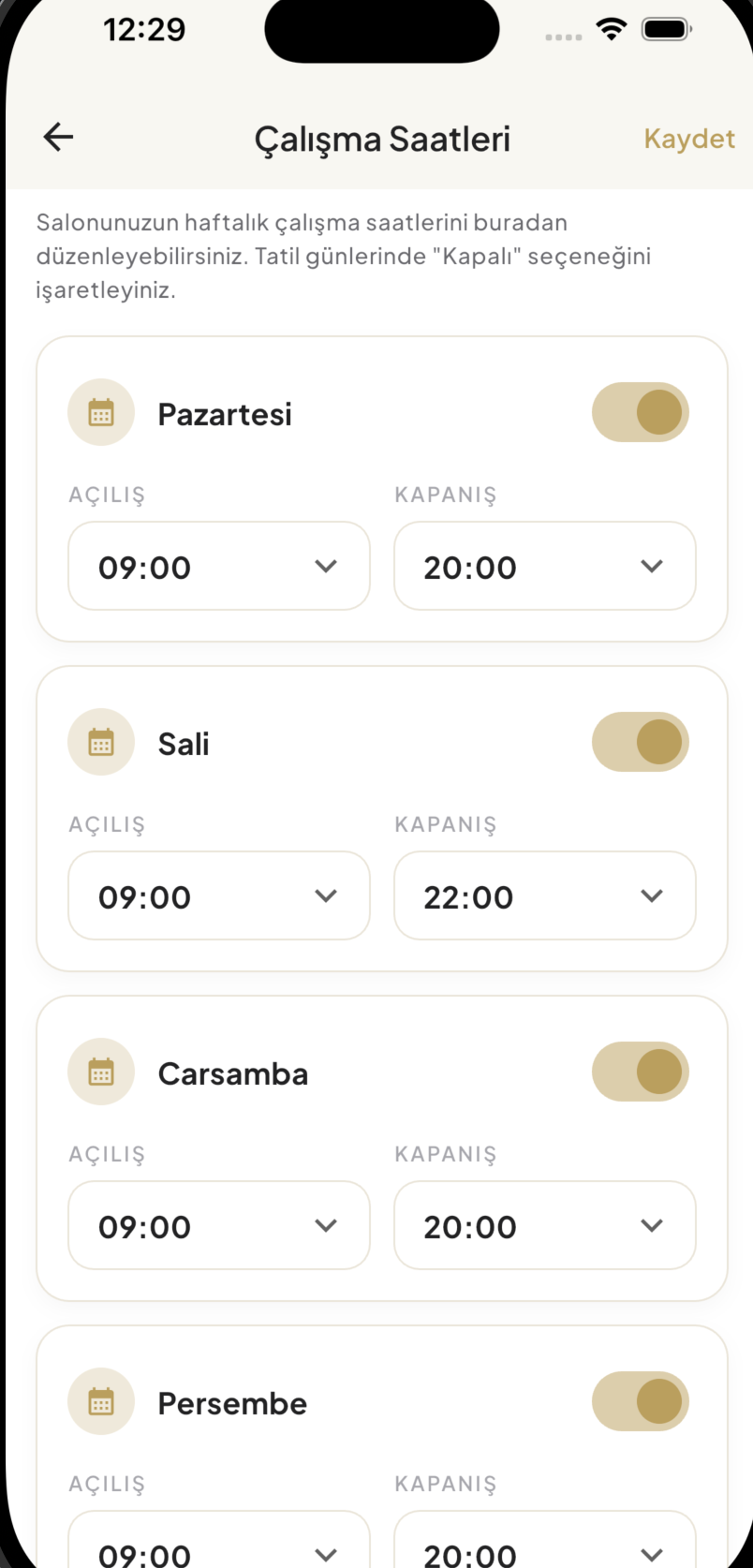 1Randevu çalışma saatleri hafta içi ekranı