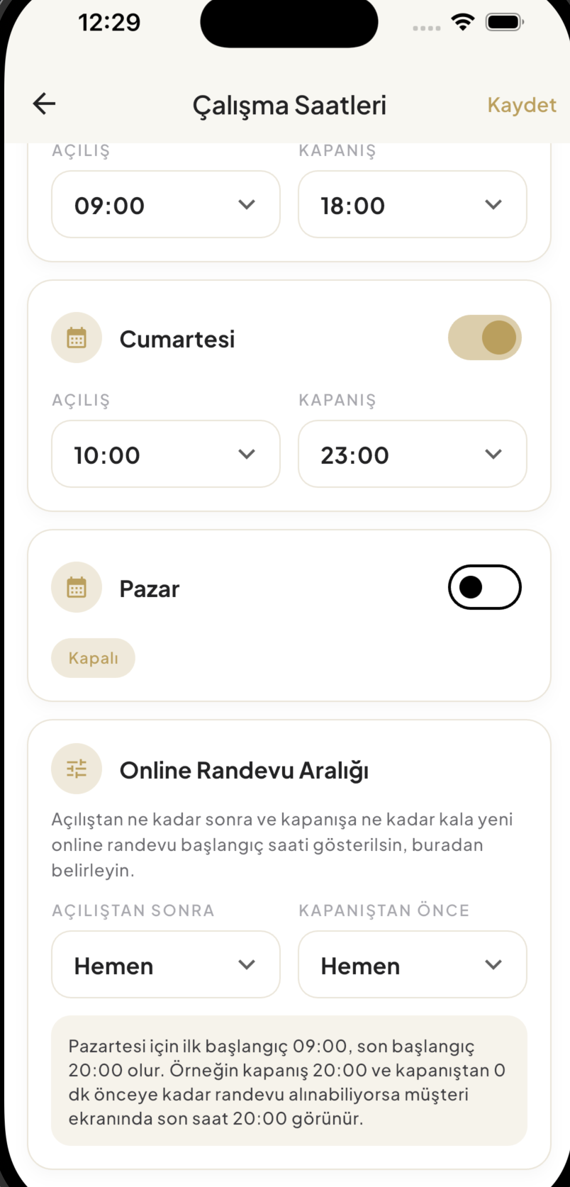 1Randevu çalışma saatleri hafta sonu ve online randevu aralığı